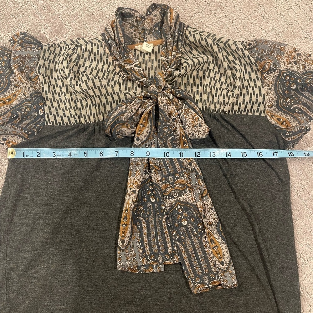 Anthropologie Tiny Joy Tie-Neck Mixed Print Top - Gray/Blue, Short Sleeve, XS - Picture 8 of 14